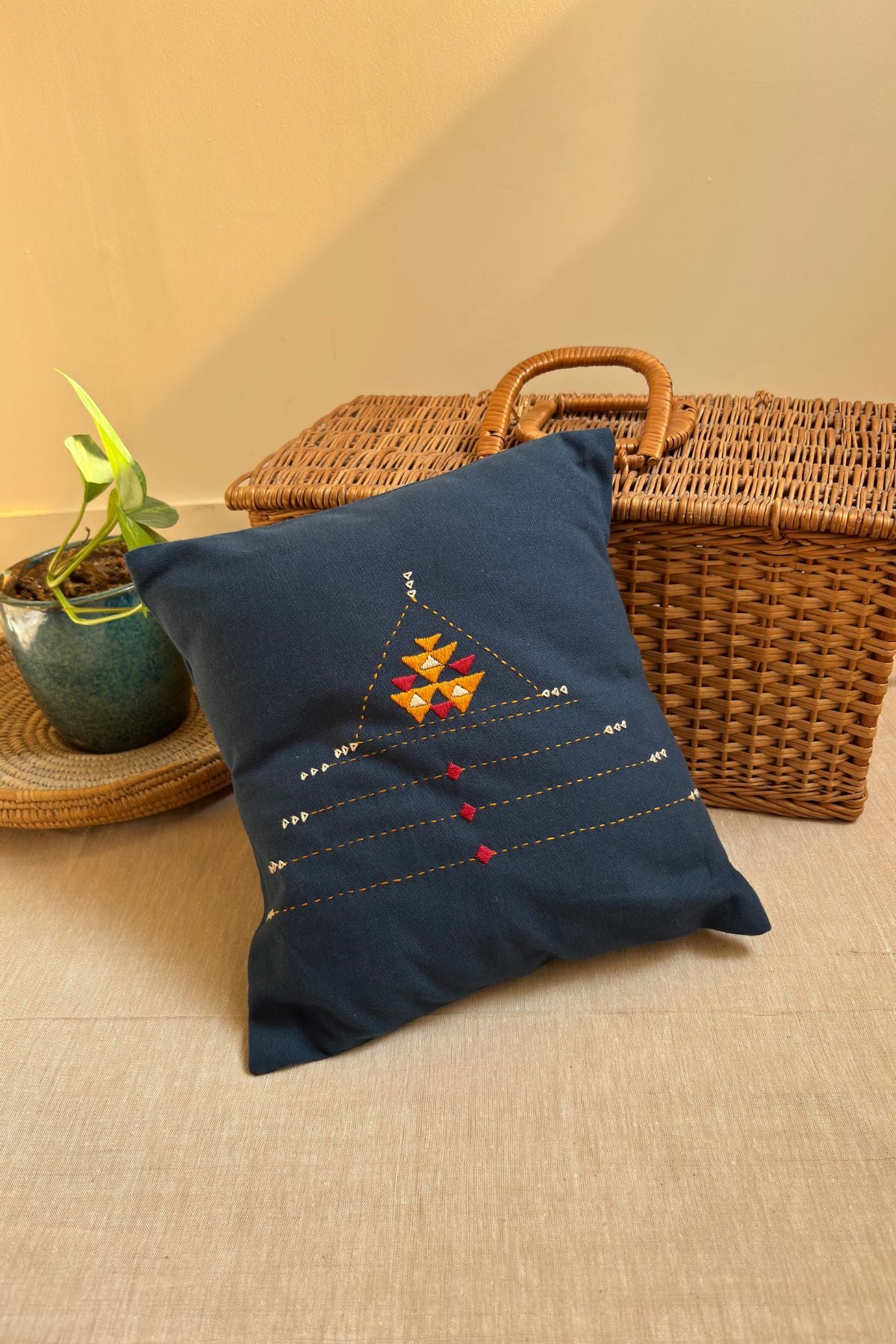Eshna Blue Pyramid Cushion Cover with Soof Hand Embroidery