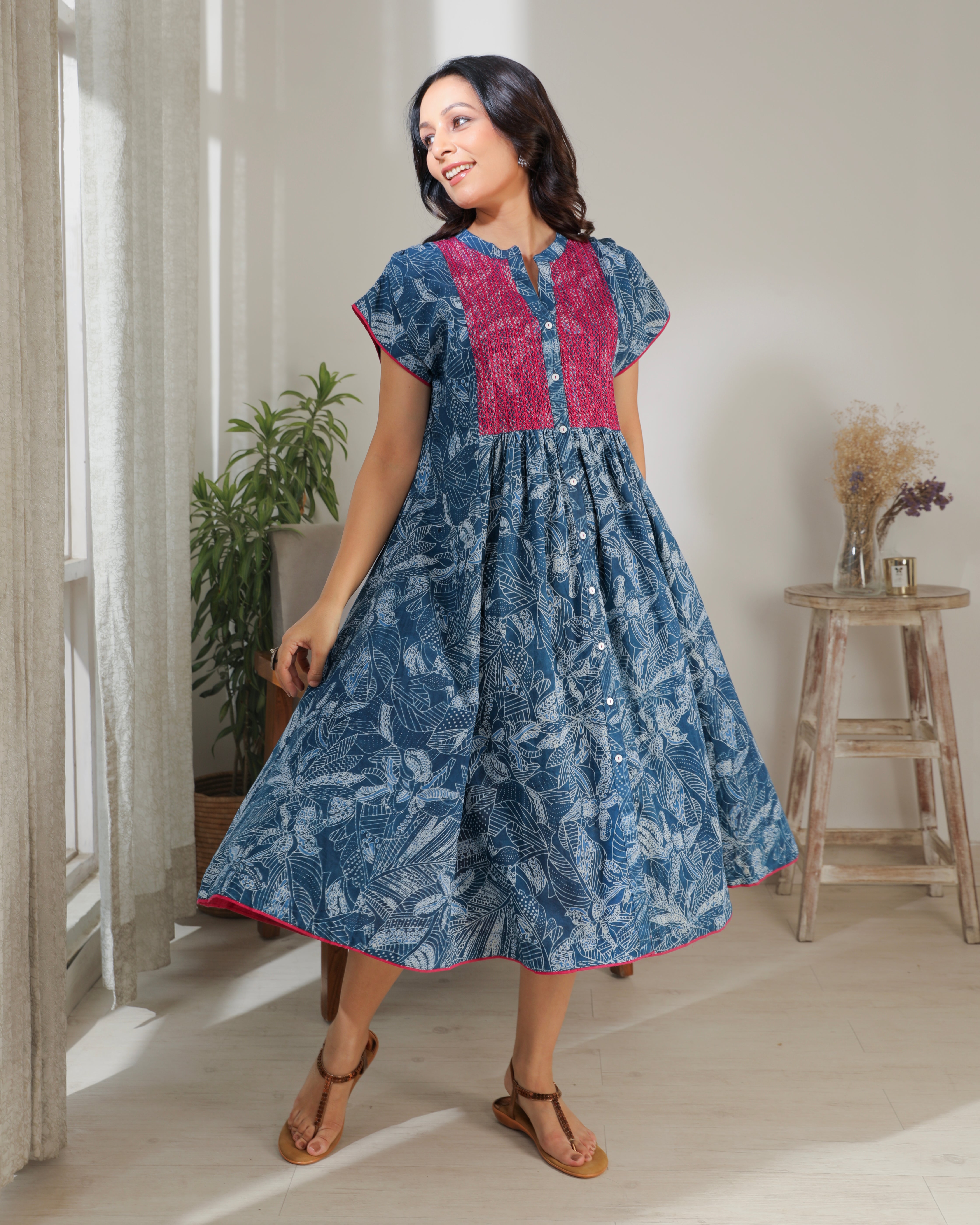 Chaaya Indigo Block Printed Dress With Cap Sleeves