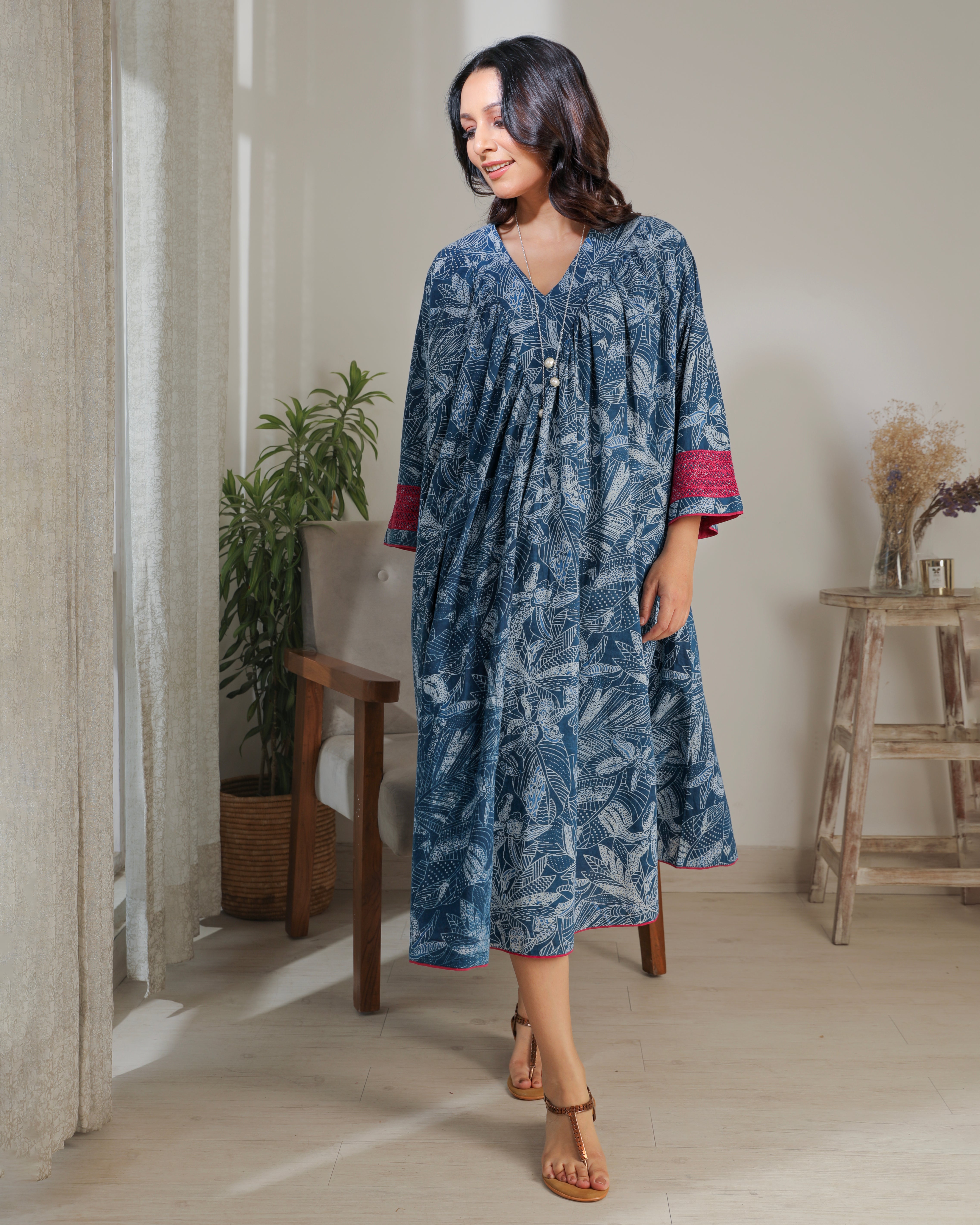 Chaaya Indigo Block Printed Dress With Flared Sleeves