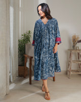 Chaaya Indigo Block Printed Dress With Flared Sleeves