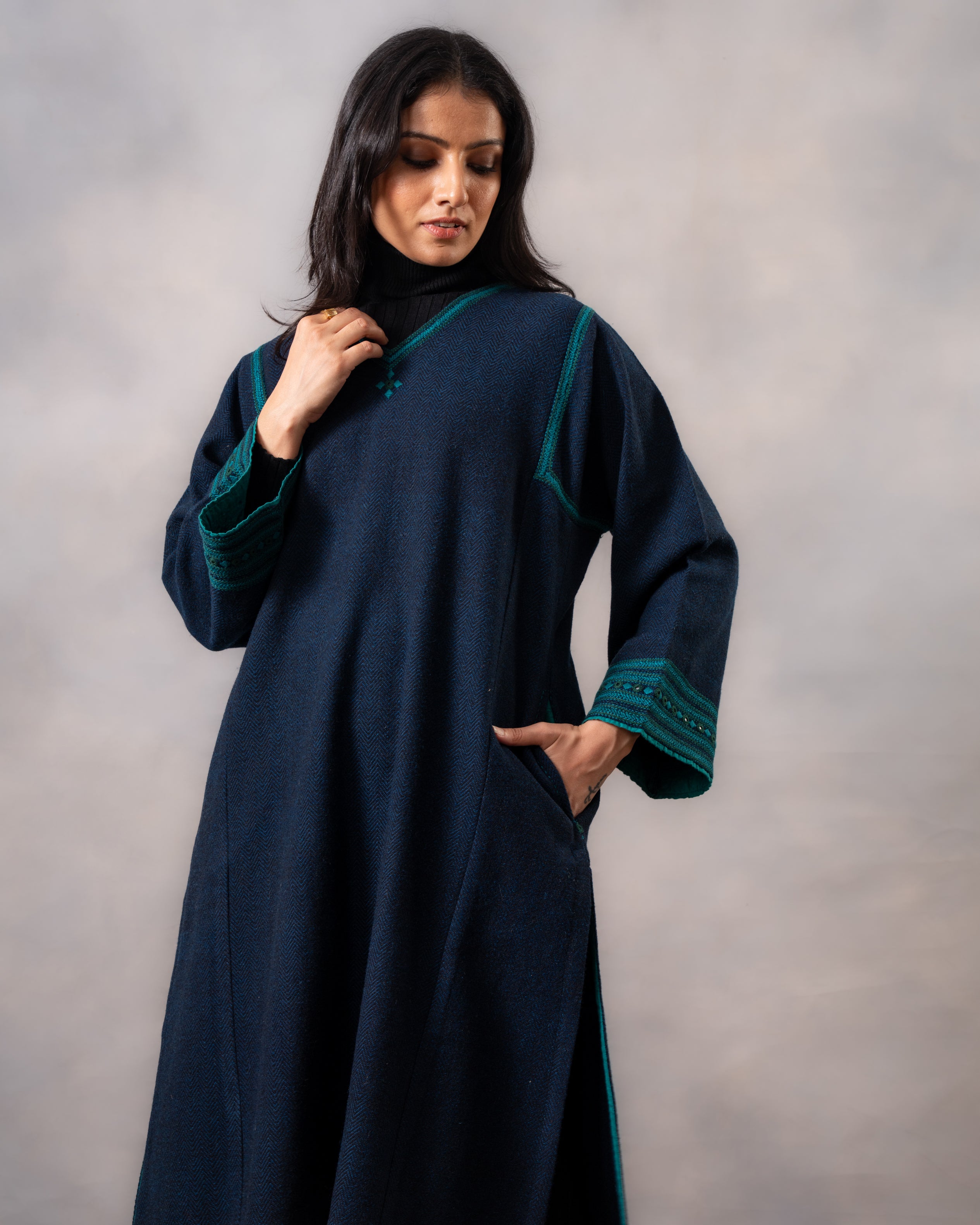 Gurez  Blue Handwoven Woolen Phiran with Dessert Hand Embroidery