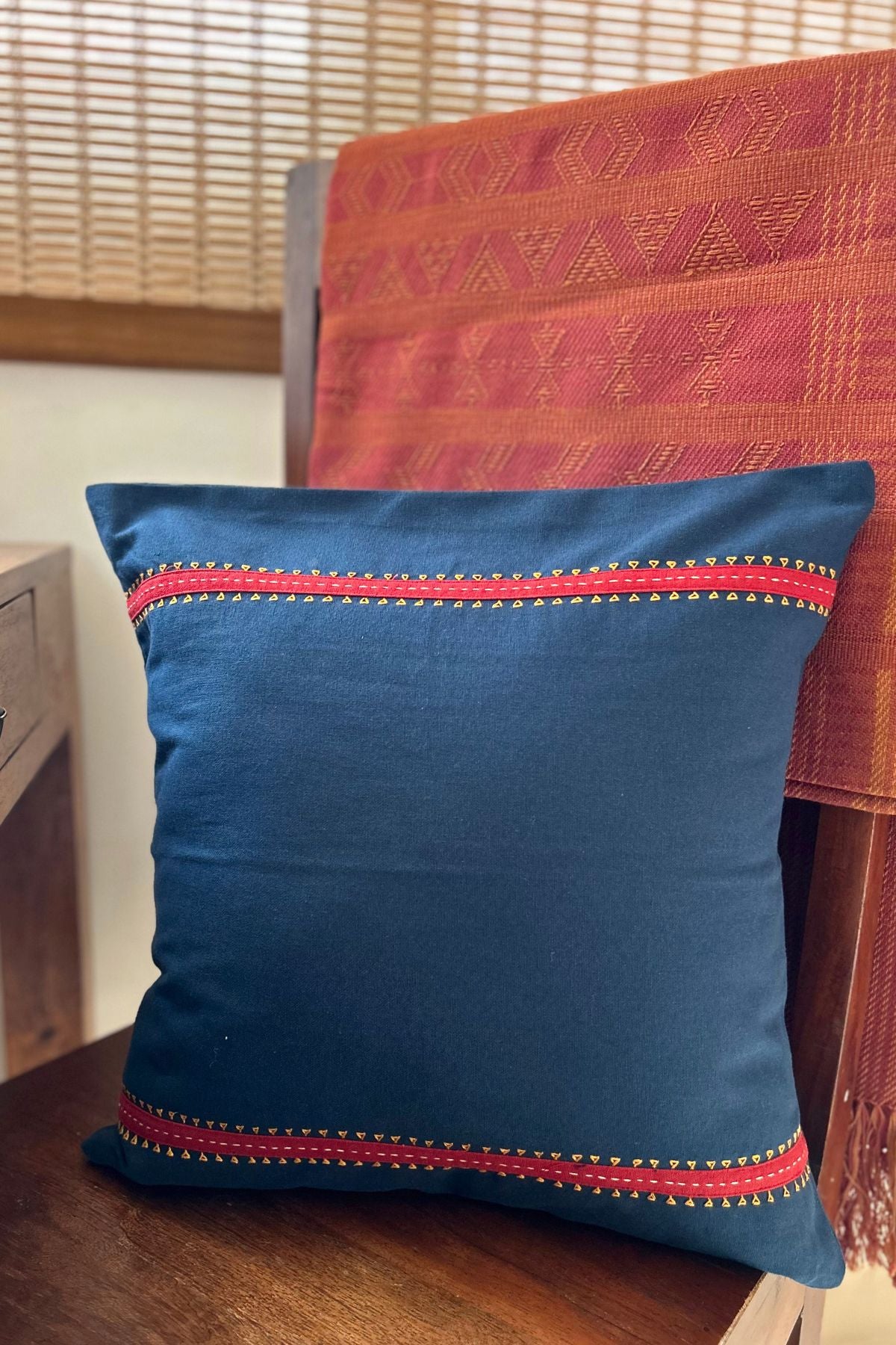 Eshna Blue Border Cushion Cover with Soof Hand Embroidery