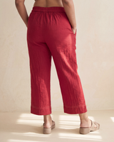 Dhwani Red Straight-Fit Cotton Pants With Dessert Hand Embroidery