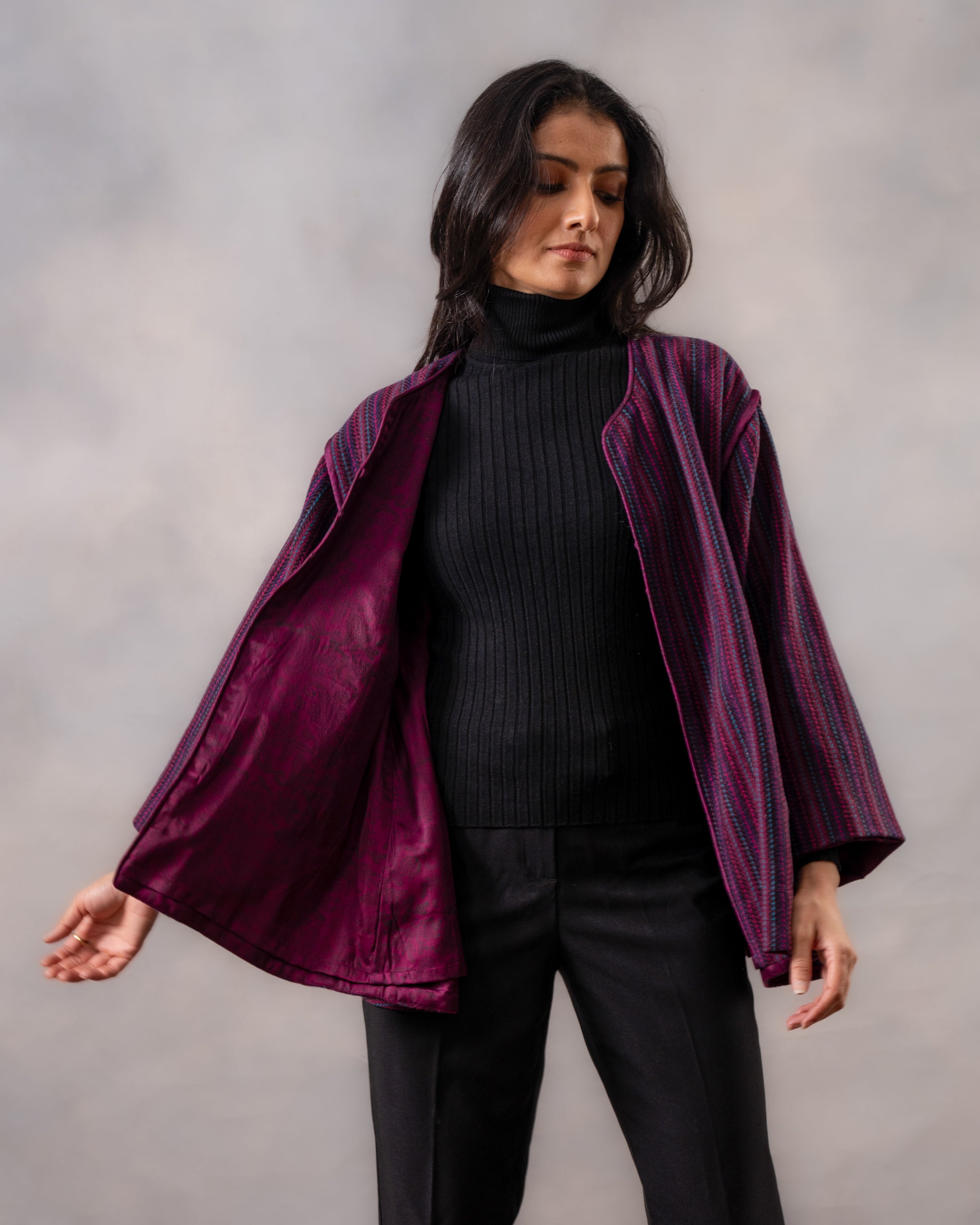 Gurez  Wine Striped Handwoven Woolen Jacket