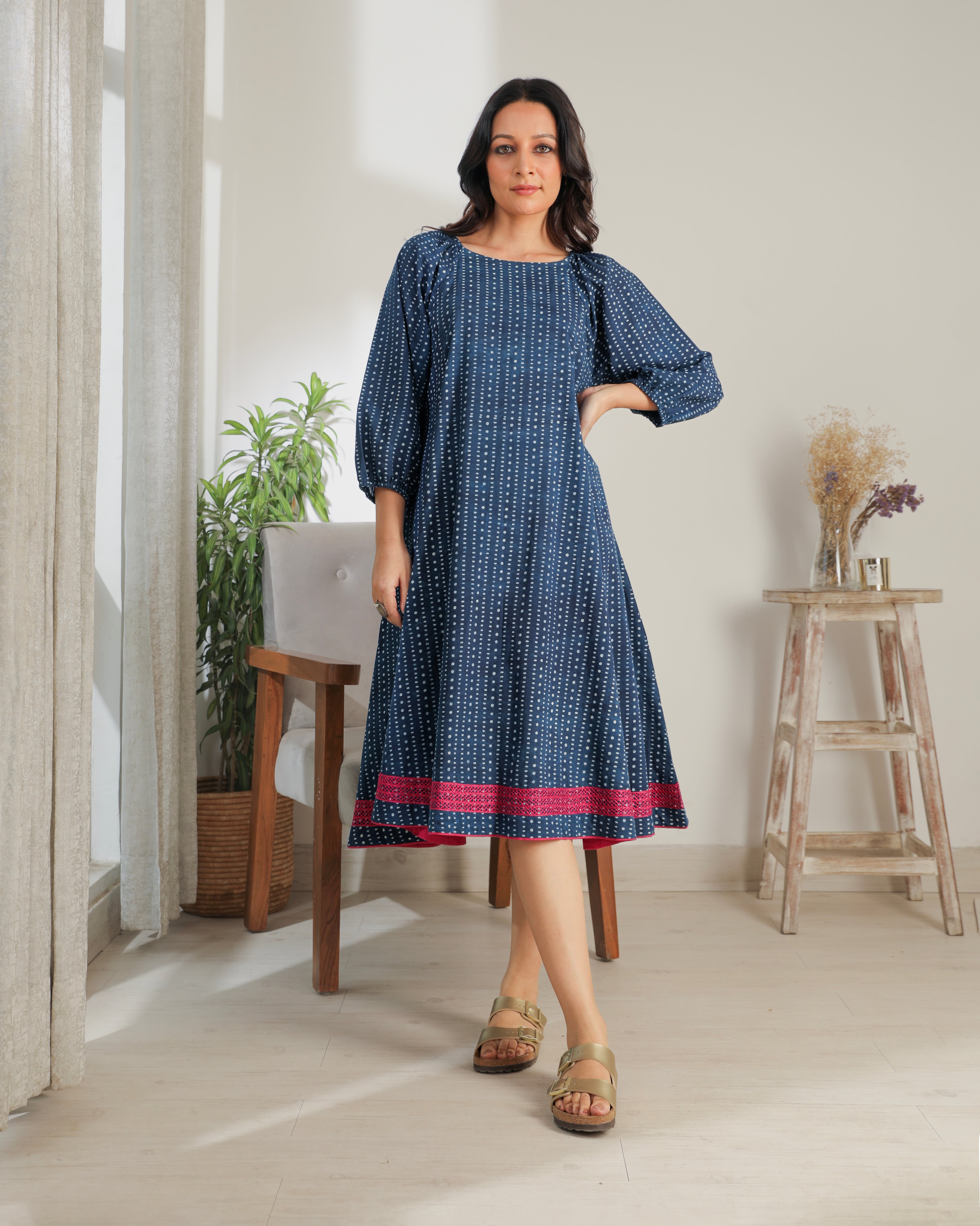 Chaaya Indigo Block Printed Dress With Raglan Sleeves