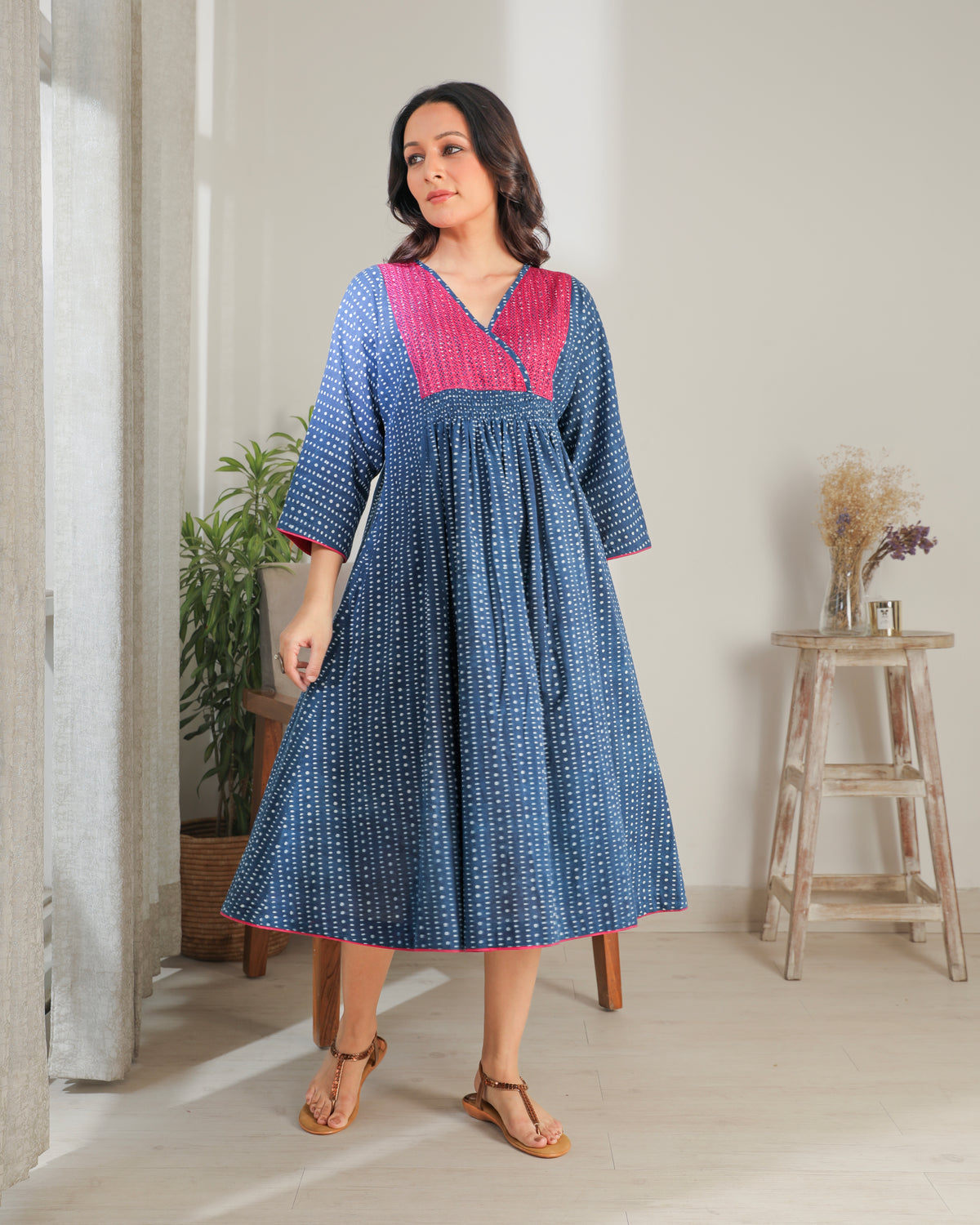 Chaaya Indigo Block Printed Dress With Kimono Sleeves