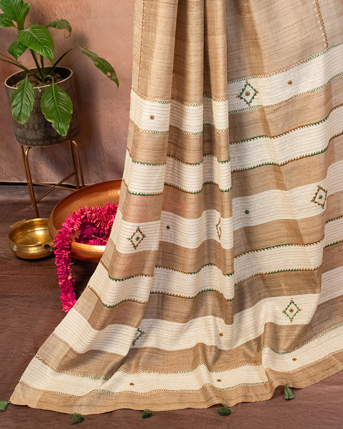 Beige Tussar Saree with Soof Hand Embroidery
