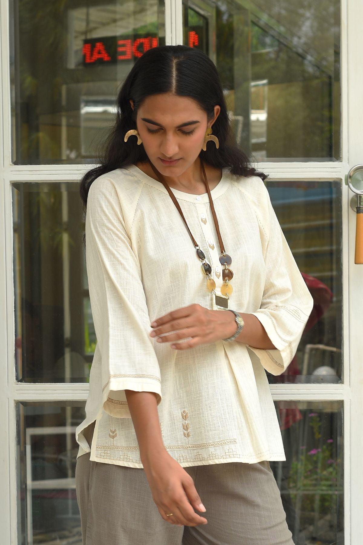 Bagh Cotton Round Neck Off White Hand Embroidered Top