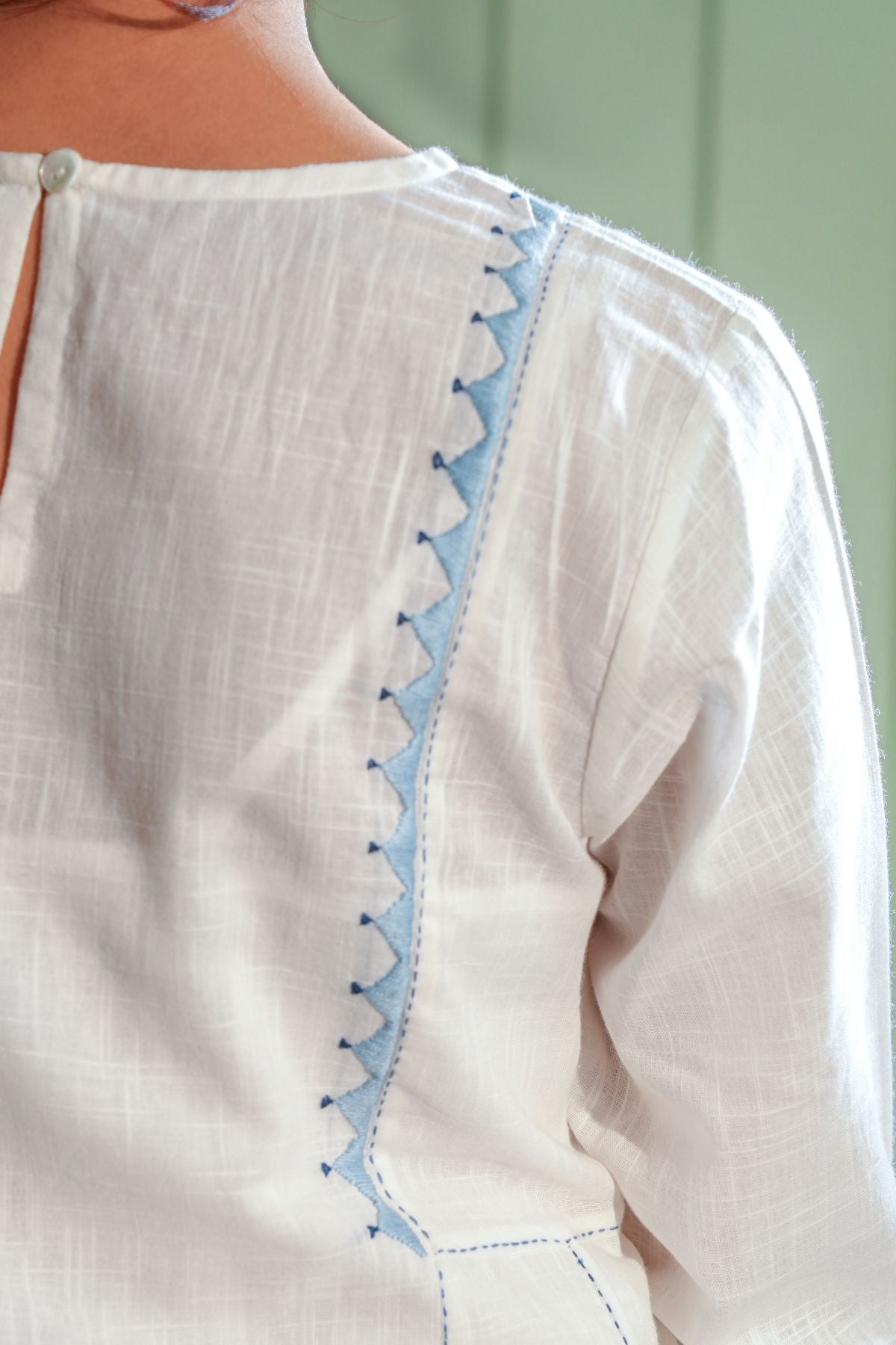 Dhwani White- Blue Flared Cotton Kurta With Soof Hand Embroidery