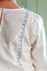 Dhwani White- Blue Flared Cotton Kurta With Soof Hand Embroidery