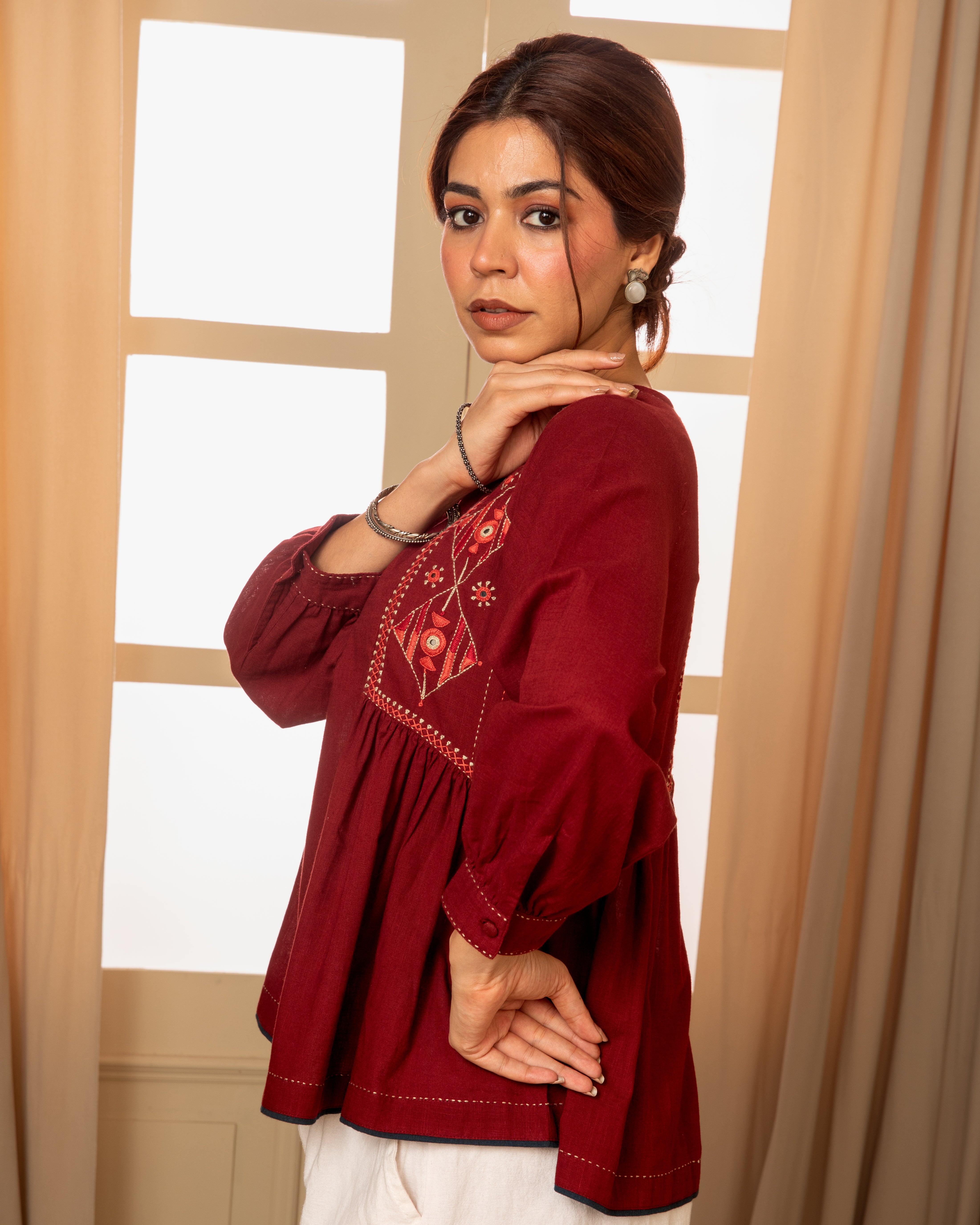 Paheli Maroon Side-Gather Cotton Top With Pakka Hand Embroidery