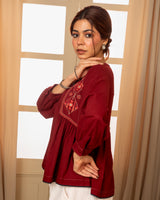 Paheli Maroon Side-Gather Cotton Top With Pakka Hand Embroidery
