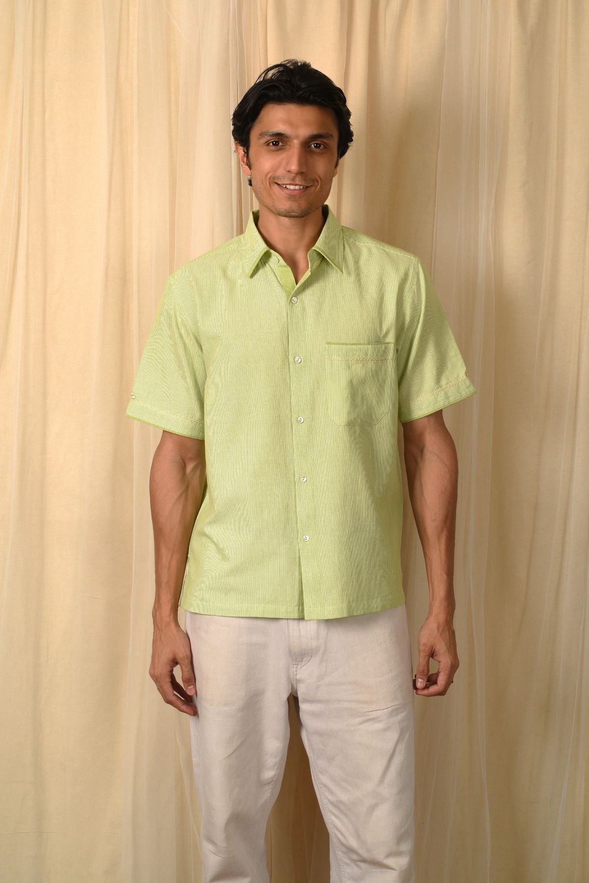 Baori Green Hand Embroidered Half Sleeve Shirt