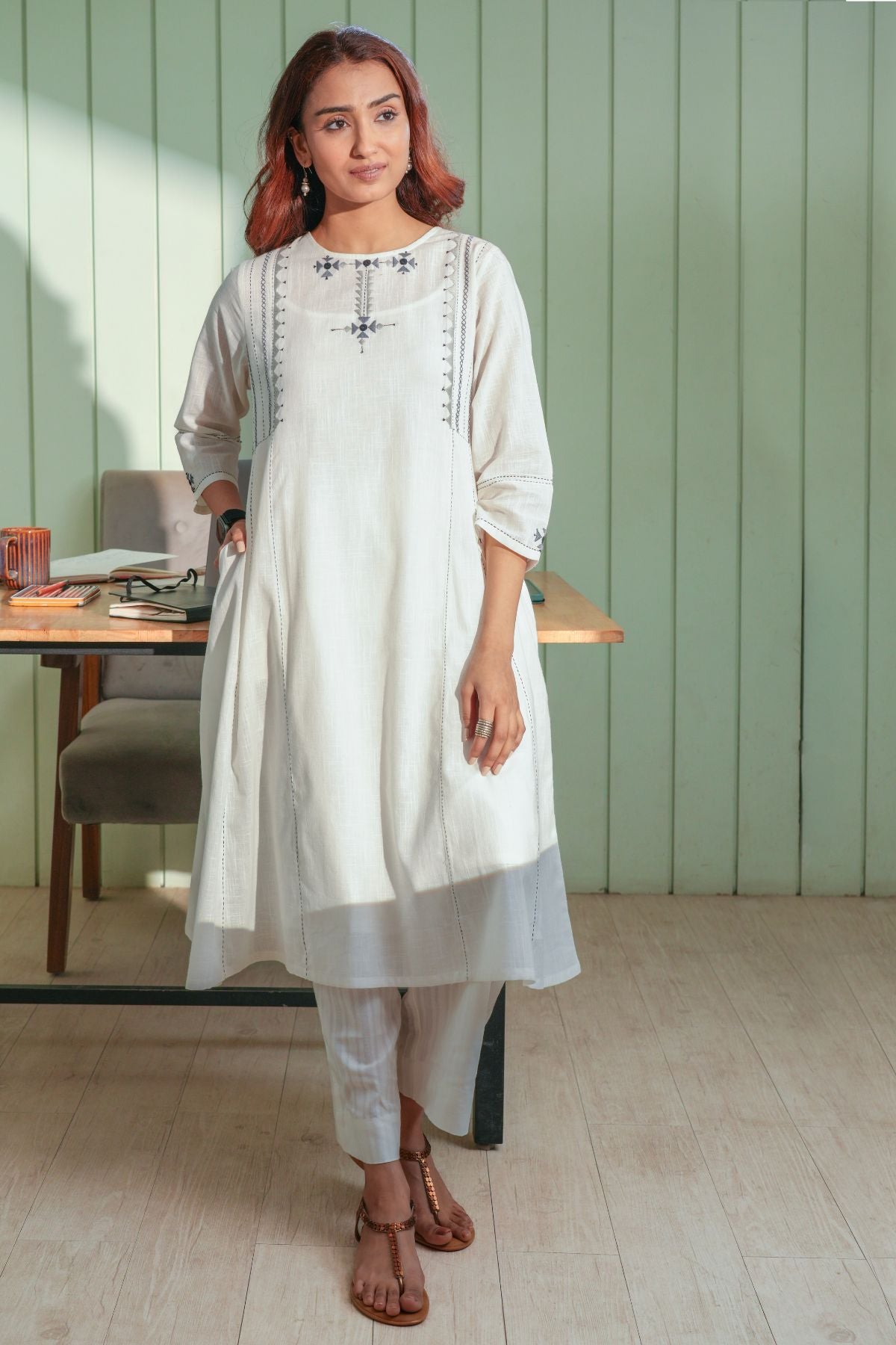 Dhwani White-Grey Flared Cotton Kurta With Soof Hand Embroidery