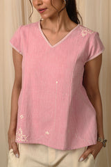 Baori Pink Hand Embroidered V Neck Top