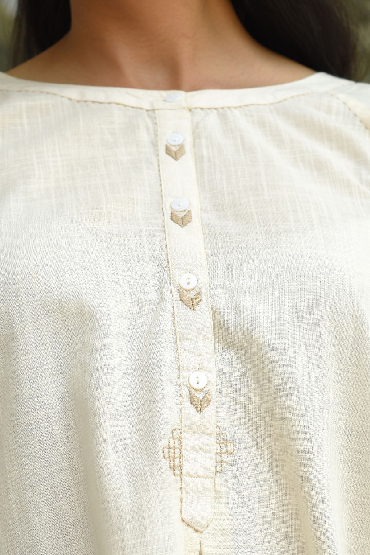 Bagh Cotton Round Neck Off White Hand Embroidered Top