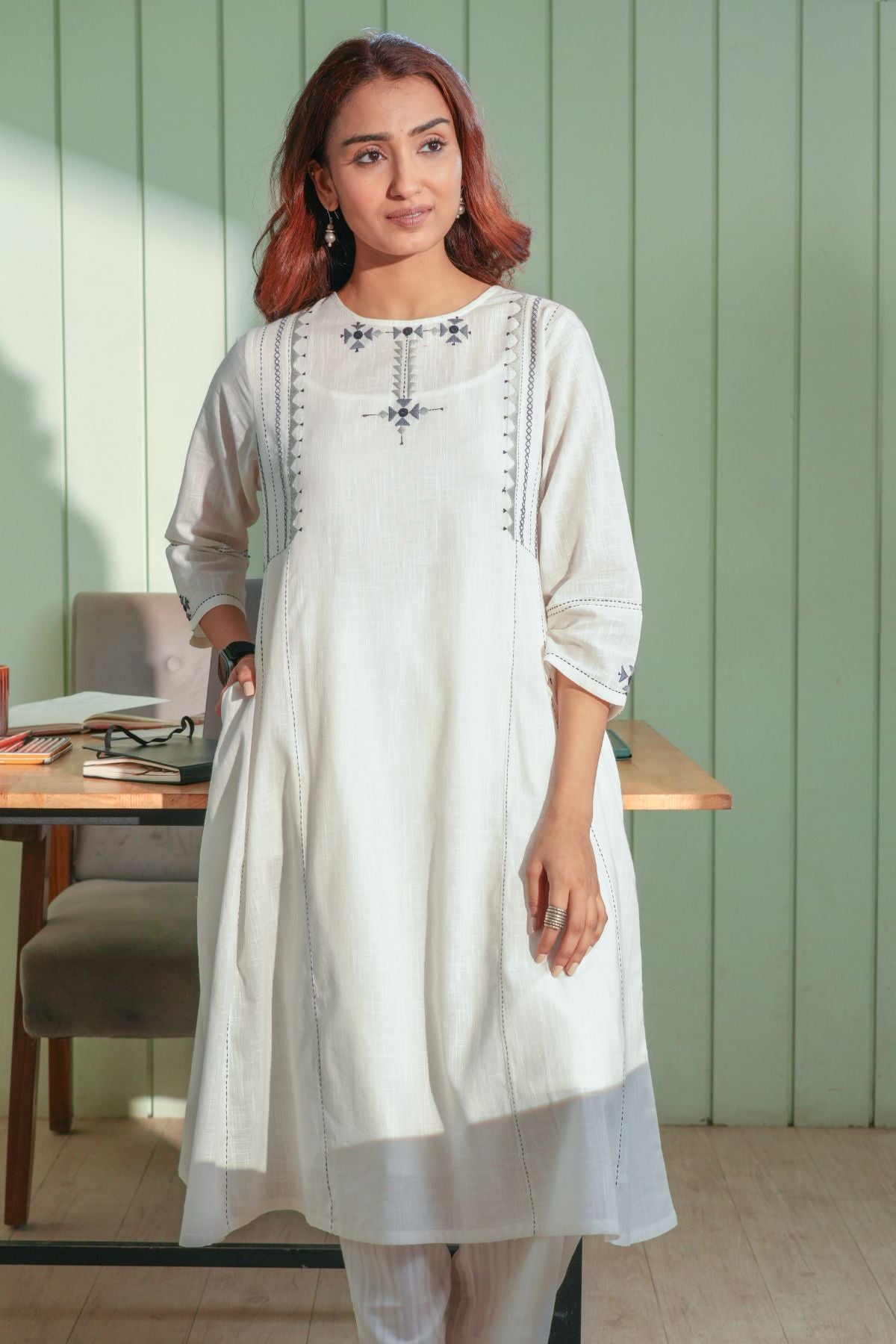 Dhwani White-Grey Flared Cotton Kurta With Soof Hand Embroidery