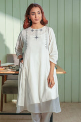 Dhwani White-Grey Flared Cotton Kurta With Soof Hand Embroidery