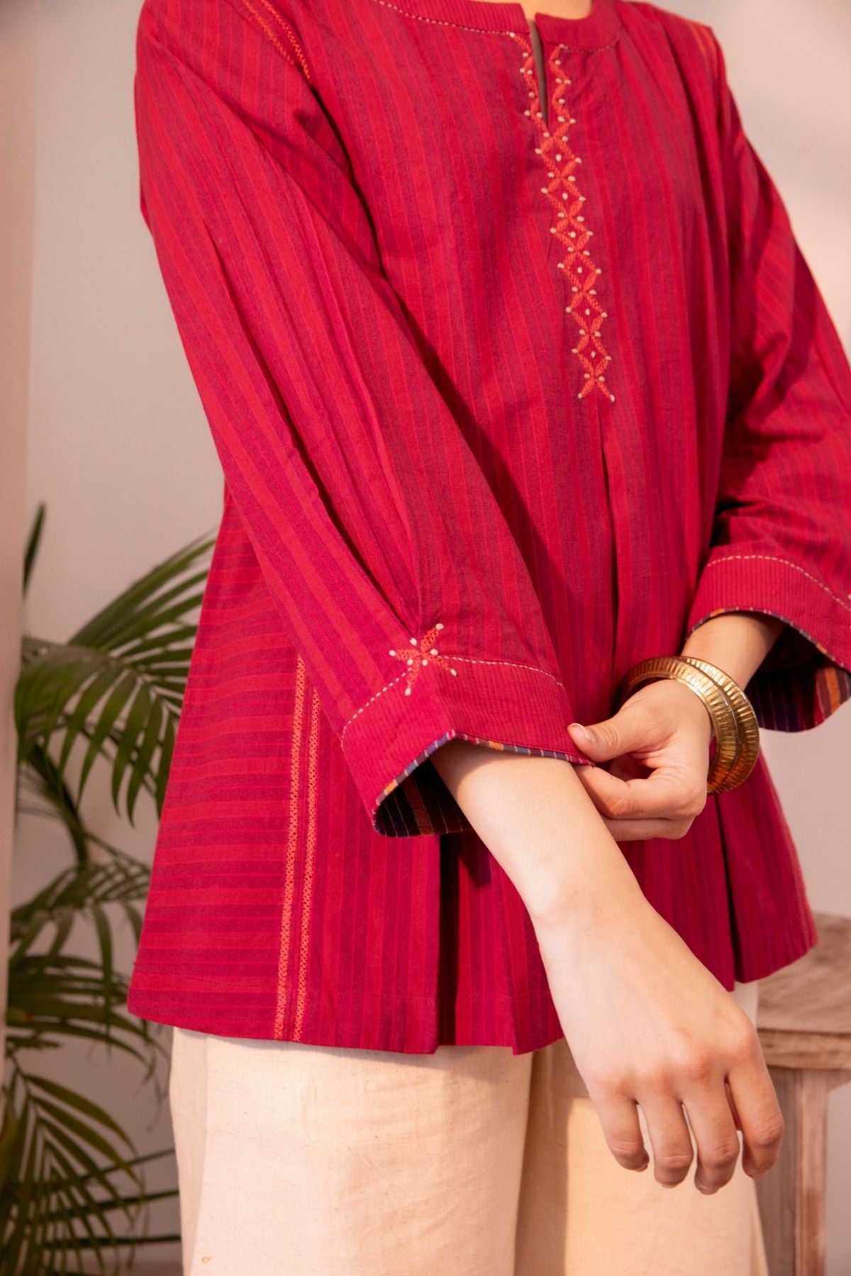 Haveli Chikankari Red Handwoven Cotton Top