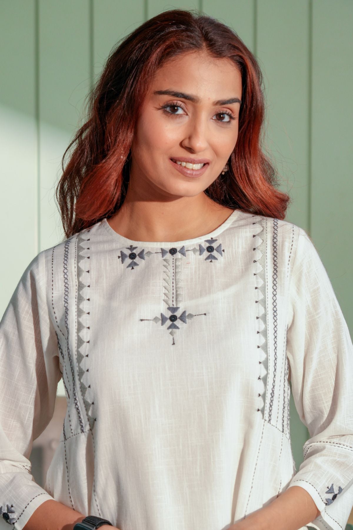 Dhwani White-Grey Flared Cotton Kurta With Soof Hand Embroidery