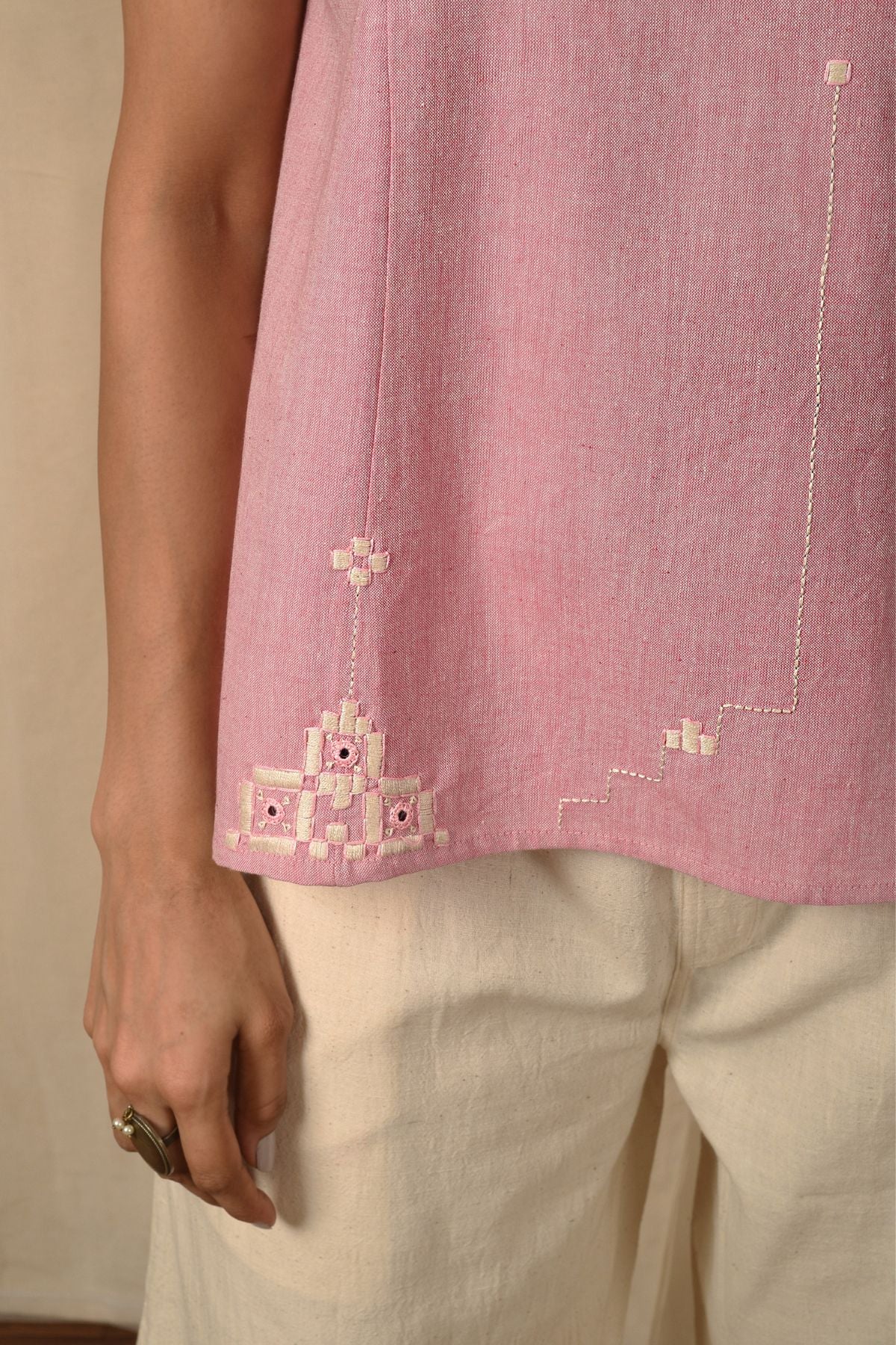 Baori Pink Hand Embroidered V Neck Top