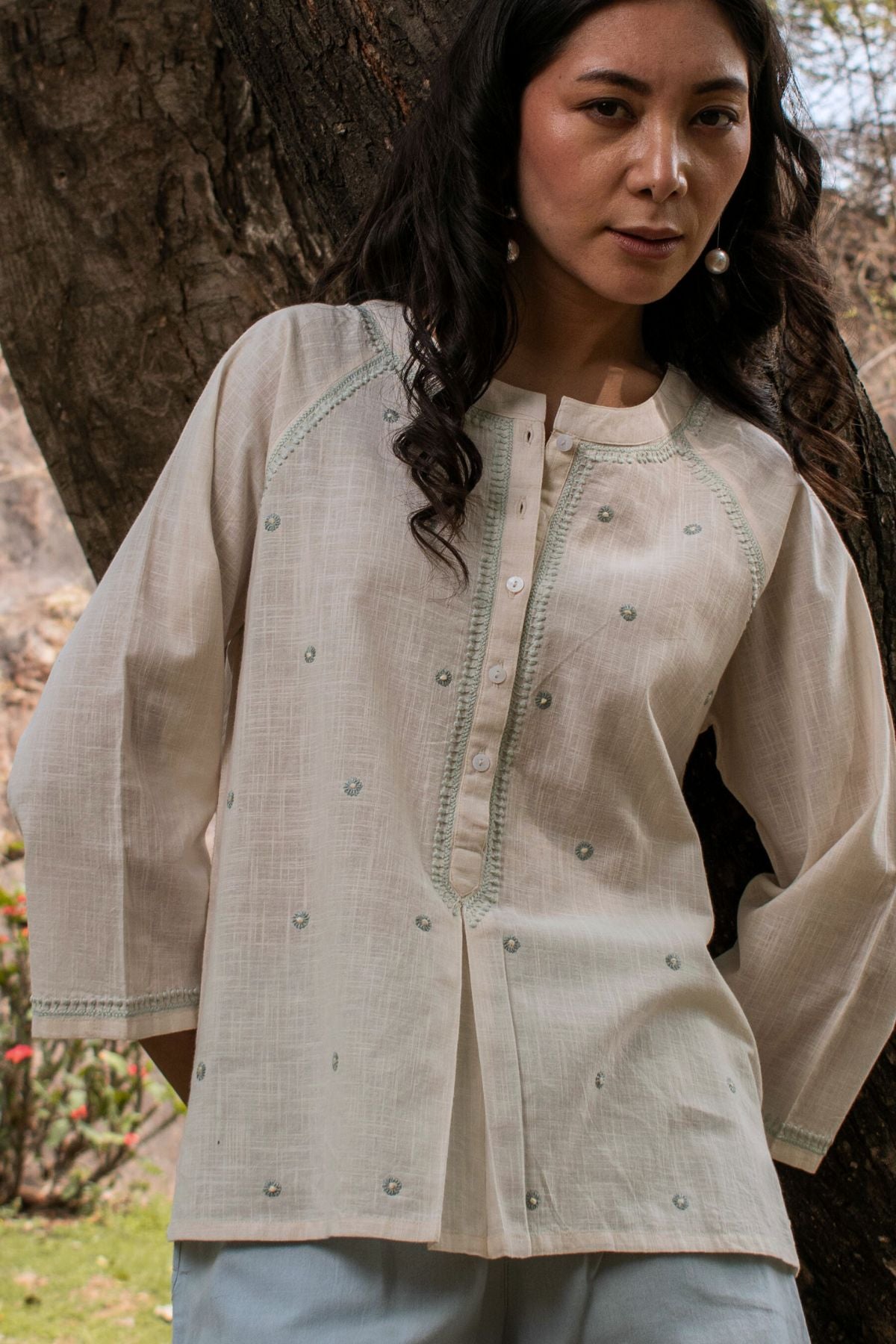 Avani Chikankari Off White Pure Cotton 3Q Sleeve Top