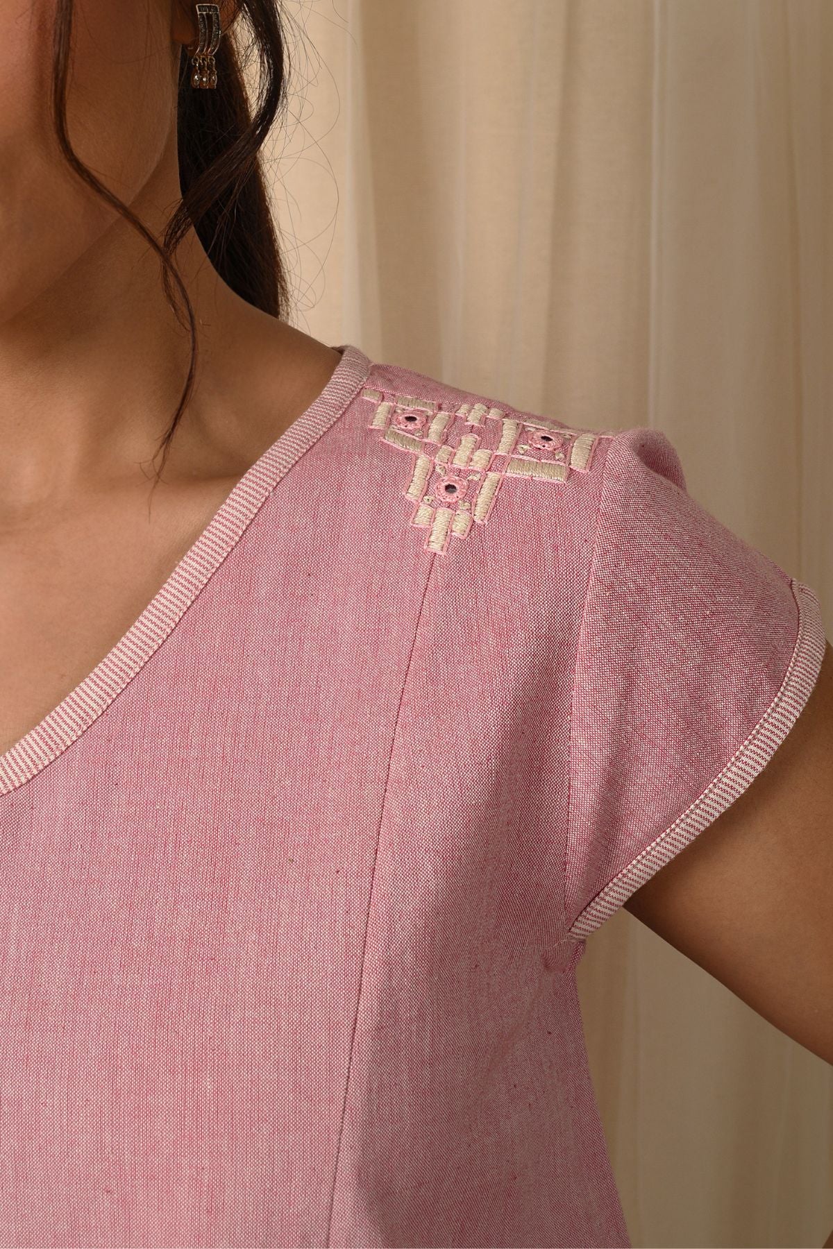 Baori Pink Hand Embroidered V Neck Top