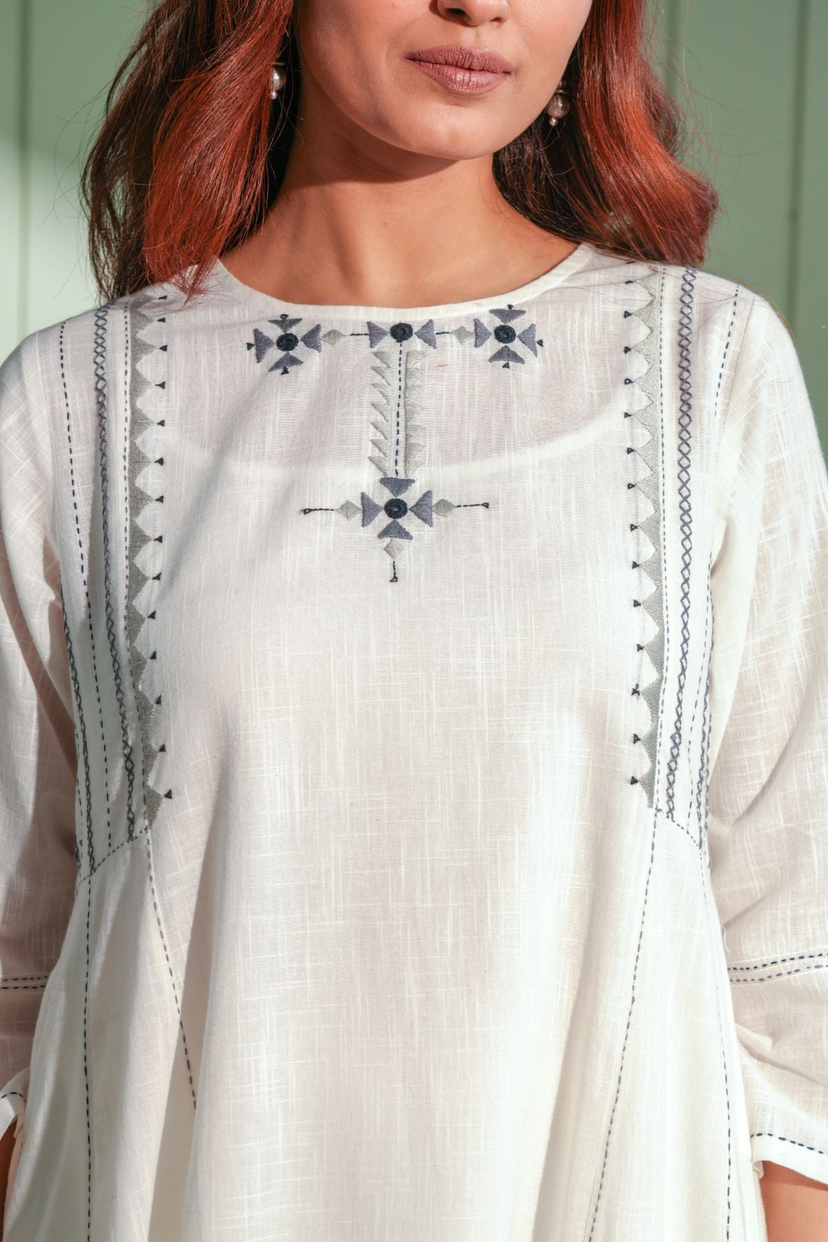 Dhwani White-Grey Flared Cotton Kurta With Soof Hand Embroidery
