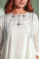 Dhwani White-Grey Flared Cotton Kurta With Soof Hand Embroidery