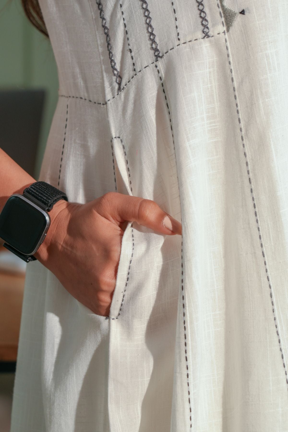 Dhwani White-Grey Flared Cotton Kurta With Soof Hand Embroidery