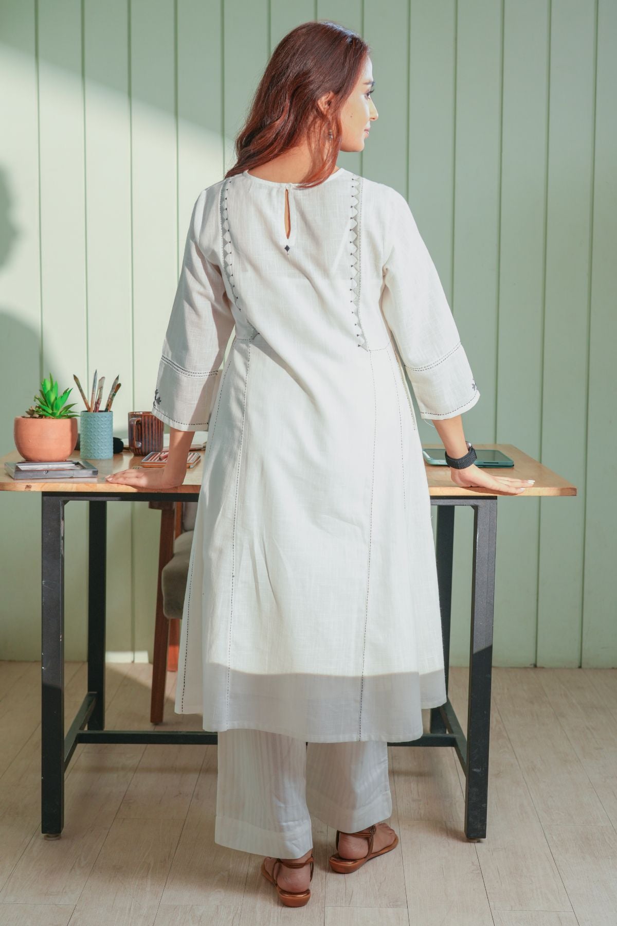 Dhwani White-Grey Flared Cotton Kurta With Soof Hand Embroidery