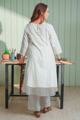 Dhwani White-Grey Flared Cotton Kurta With Soof Hand Embroidery