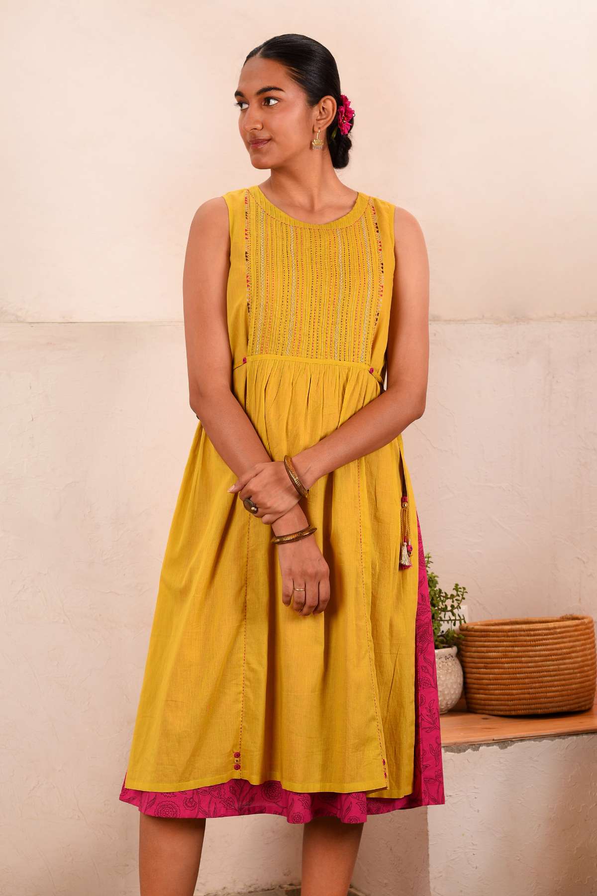 Saheli Double Layer Hand Embroidered Yellow Mulmul Cotton Kurta Dress With Printed Pink Slip