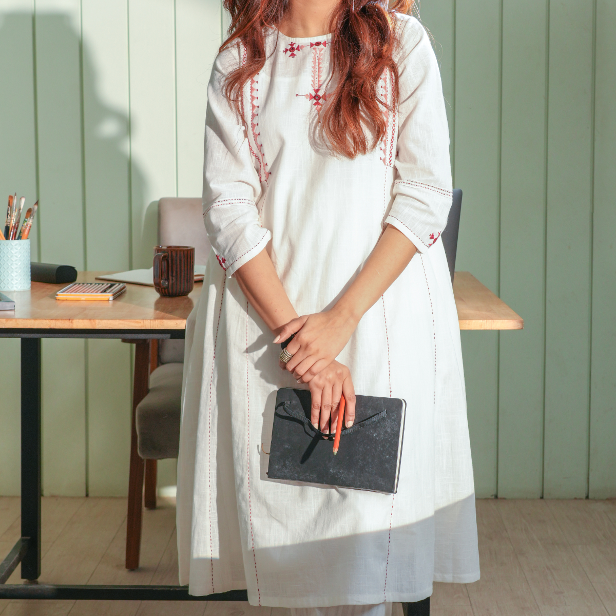 Dhwani White-Pink Flared Cotton Kurta With Soof Hand Embroidery