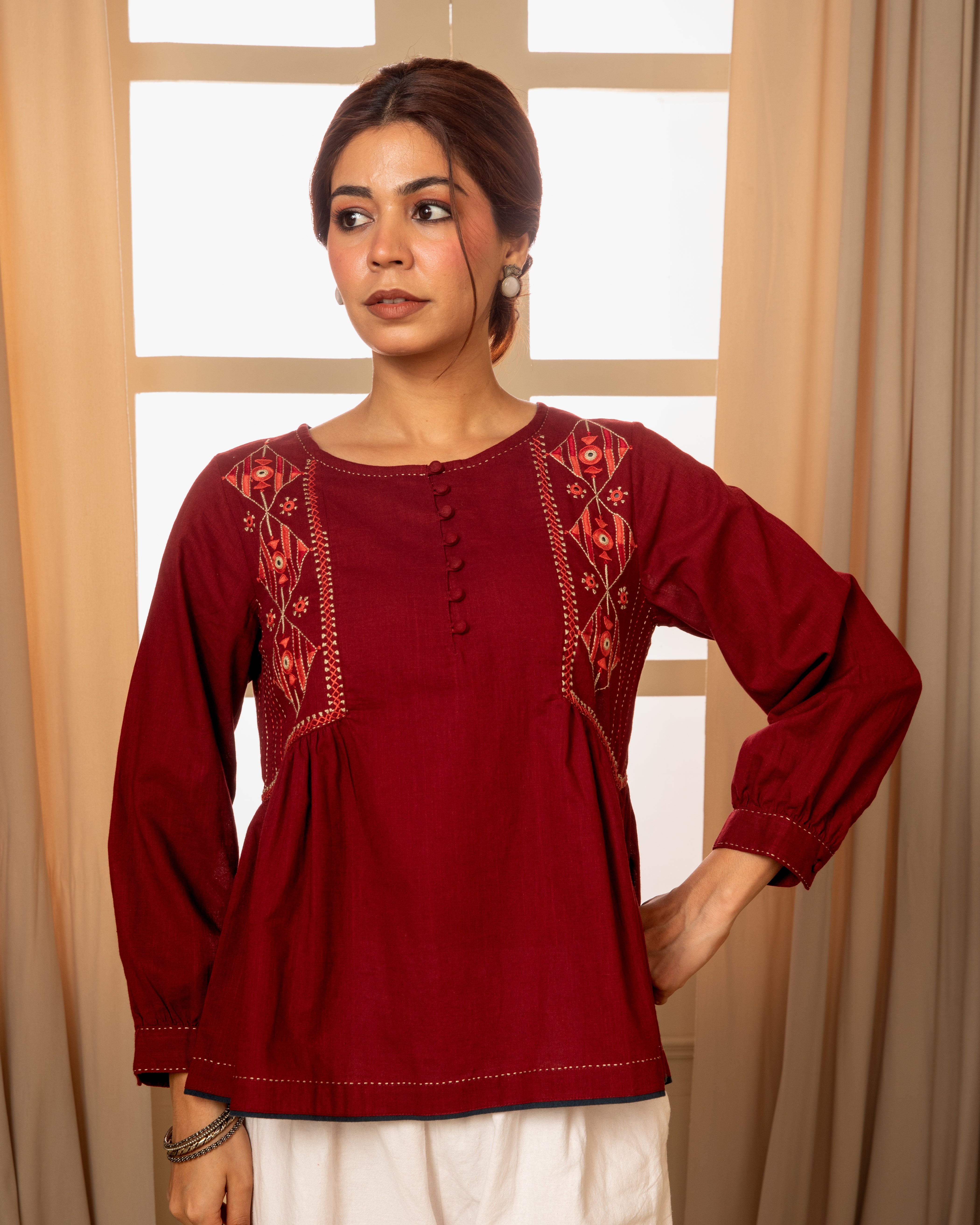 Paheli Maroon Side-Gather Cotton Top With Pakka Hand Embroidery