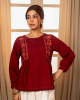 Paheli Maroon Side-Gather Cotton Top With Pakka Hand Embroidery