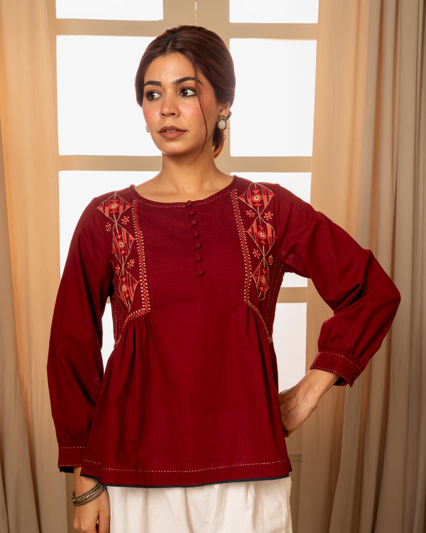 Paheli Maroon Side-Gather Cotton Top With Pakka Hand Embroidery