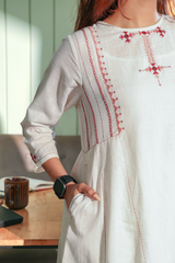 Dhwani White-Pink Flared Cotton Kurta With Soof Hand Embroidery