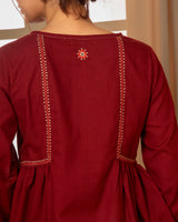 Paheli Maroon Side-Gather Cotton Top With Pakka Hand Embroidery