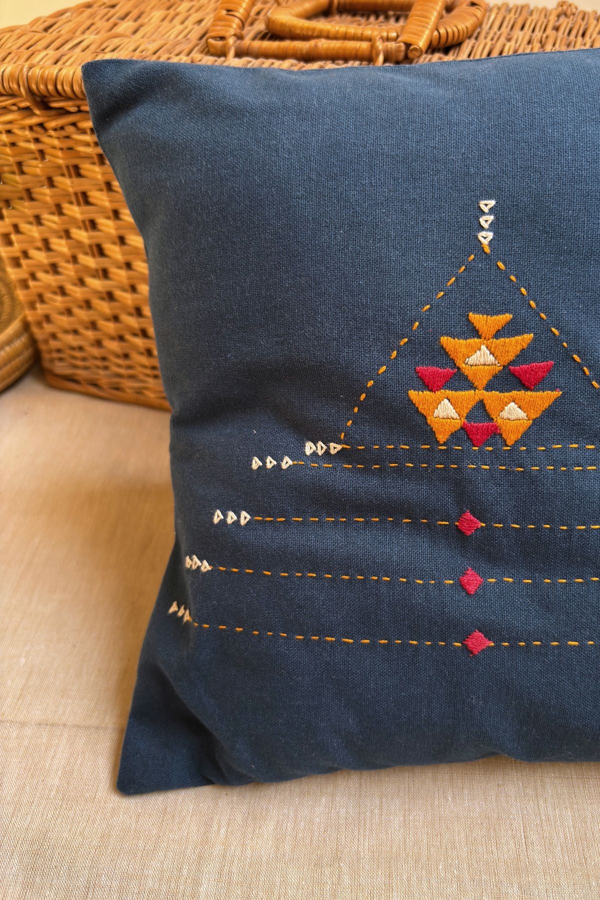 Eshna Blue Pyramid Cushion Cover with Soof Hand Embroidery