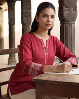 Dhwani Red Cotton Top With Dessert Hand Embroidery