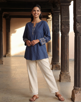 Dhwani Blue Cotton Top With Dessert Hand Embroidery