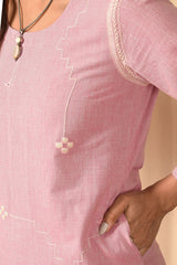 Baori Pink Hand Embroidered Round Neck Kurta