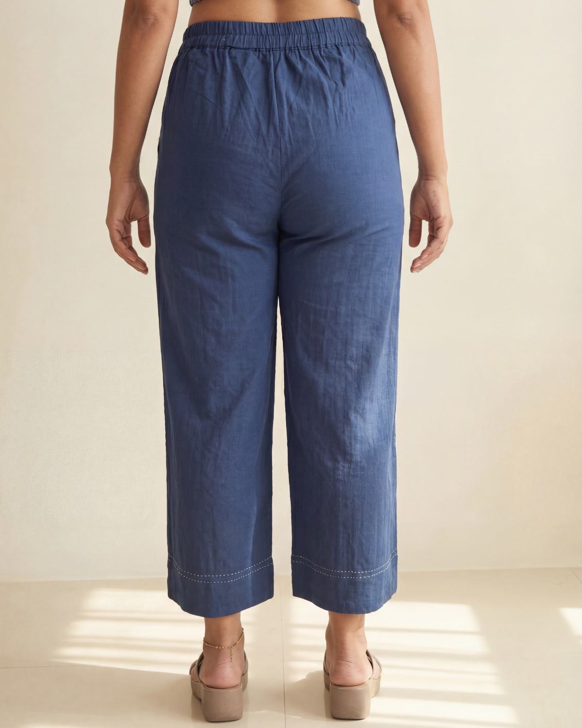 Dhwani Blue Straight-Fit Cotton Pants With Dessert Hand Embroidery