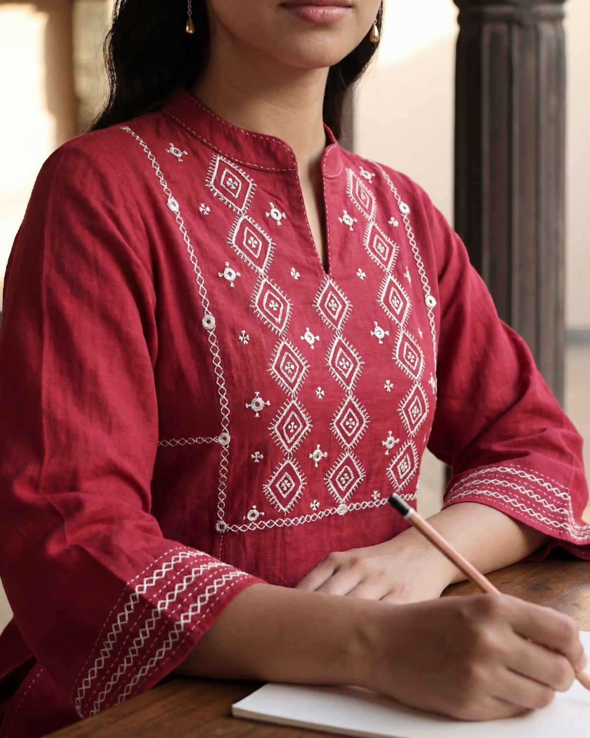 Dhwani Red Kalidaar Cotton Kurta With Desert Hand Embroidery