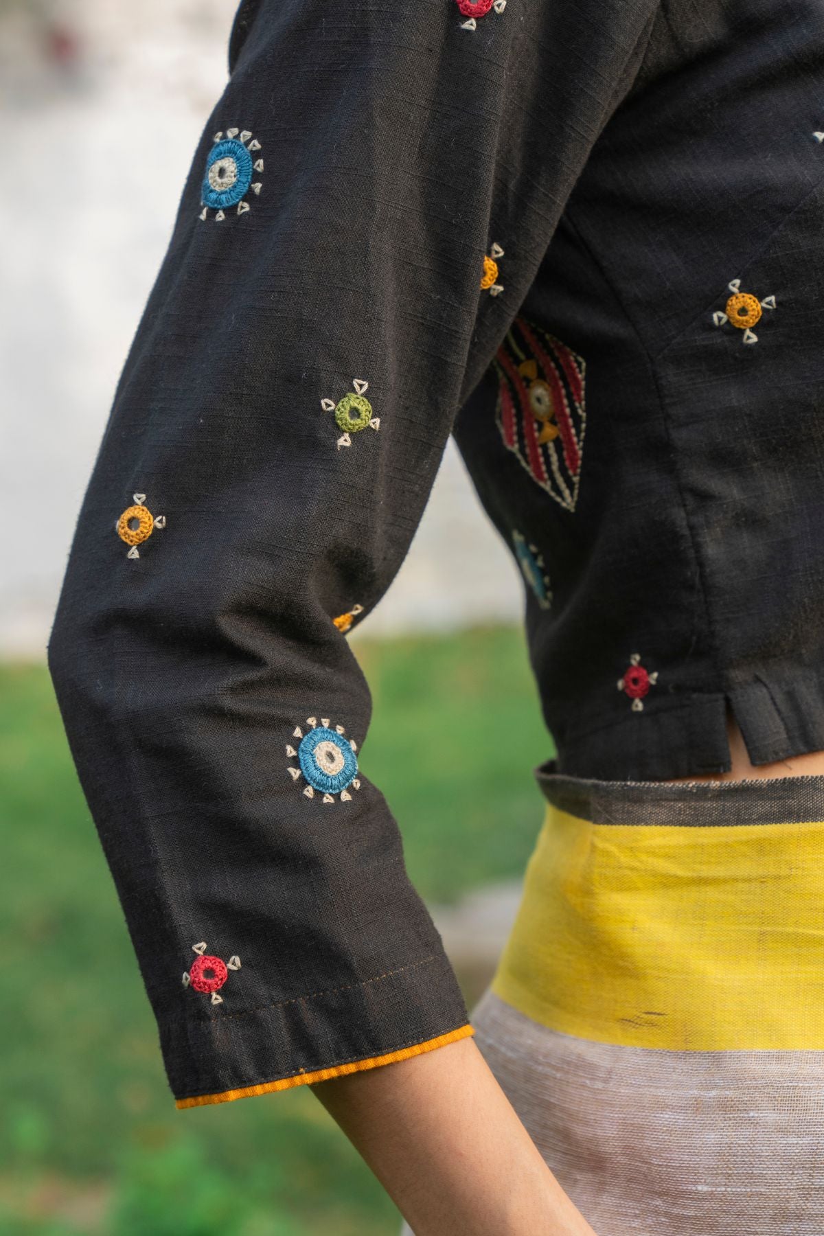 Paheli Black Shirt-Collar Cotton Blouse With Pakka Hand Embroidery