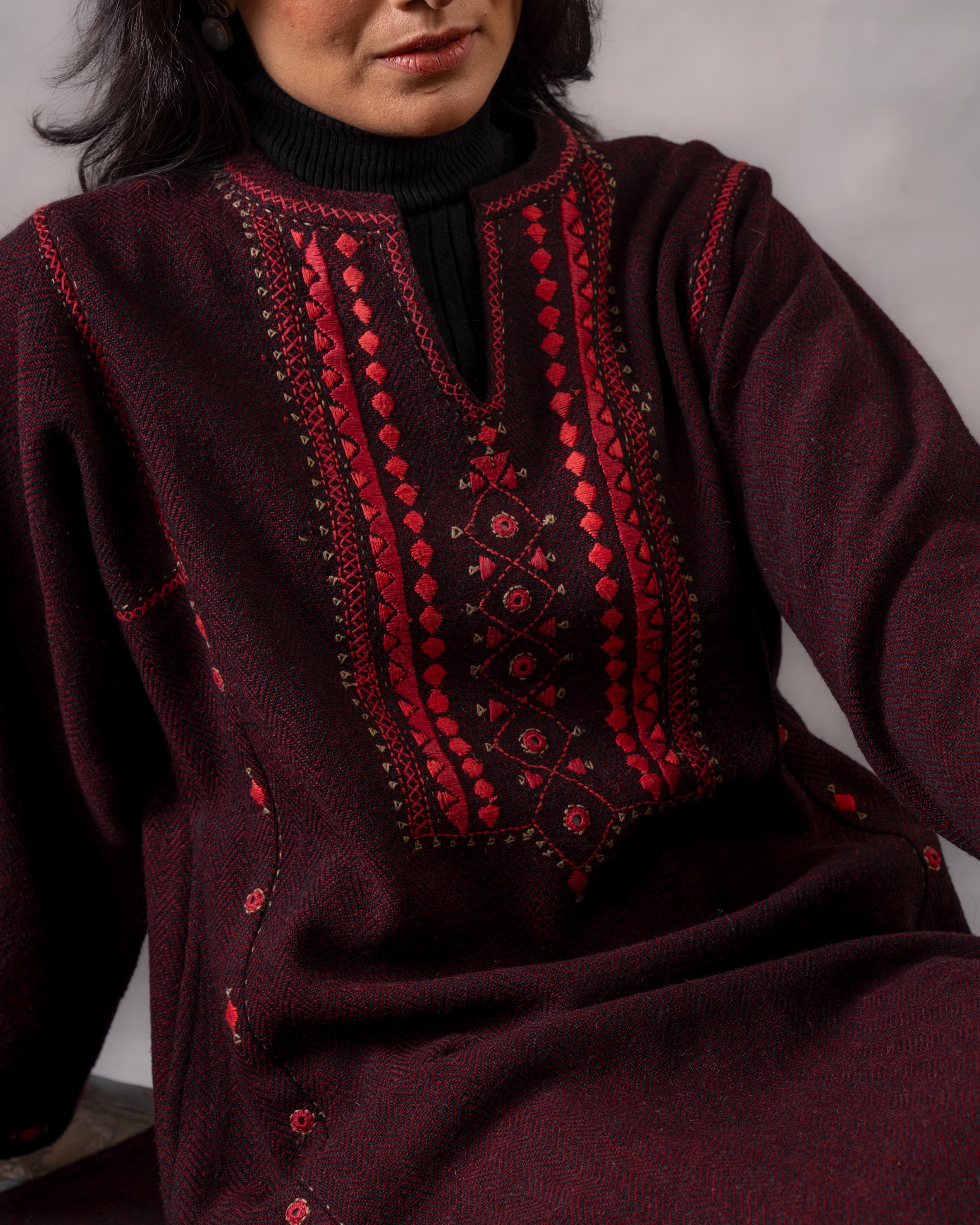 Gurez Garnet Handwoven Woolen Phiran with Soof Embroidery