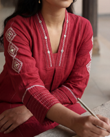 Dhwani Red A-Line Cotton Kurta With Dessert Hand Embroidery