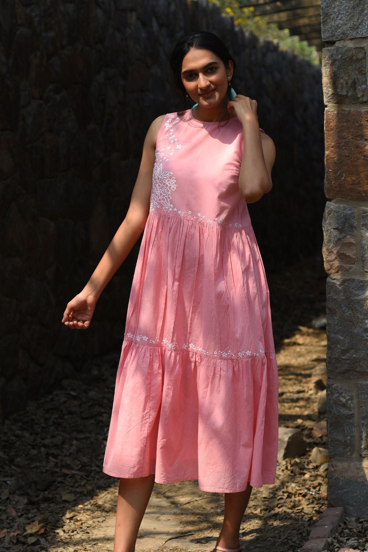 Nargis Pink Kashmiri Crewel Hand Embroidered Long Cotton Dress