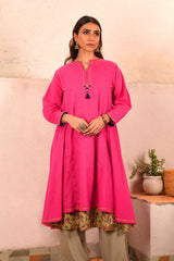 Saheli Double Layer Hand Embroidered Pink Mulmul Cotton Kurta Dress With Printed Beige slip